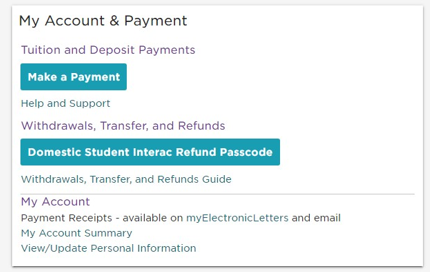 My account section in mySaskPolytech portal, displaying the "Domestic Student Interact Refund Passcode" button.