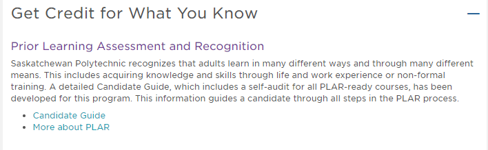Screenshot of the Prior Learning Assessment and Recognition section.